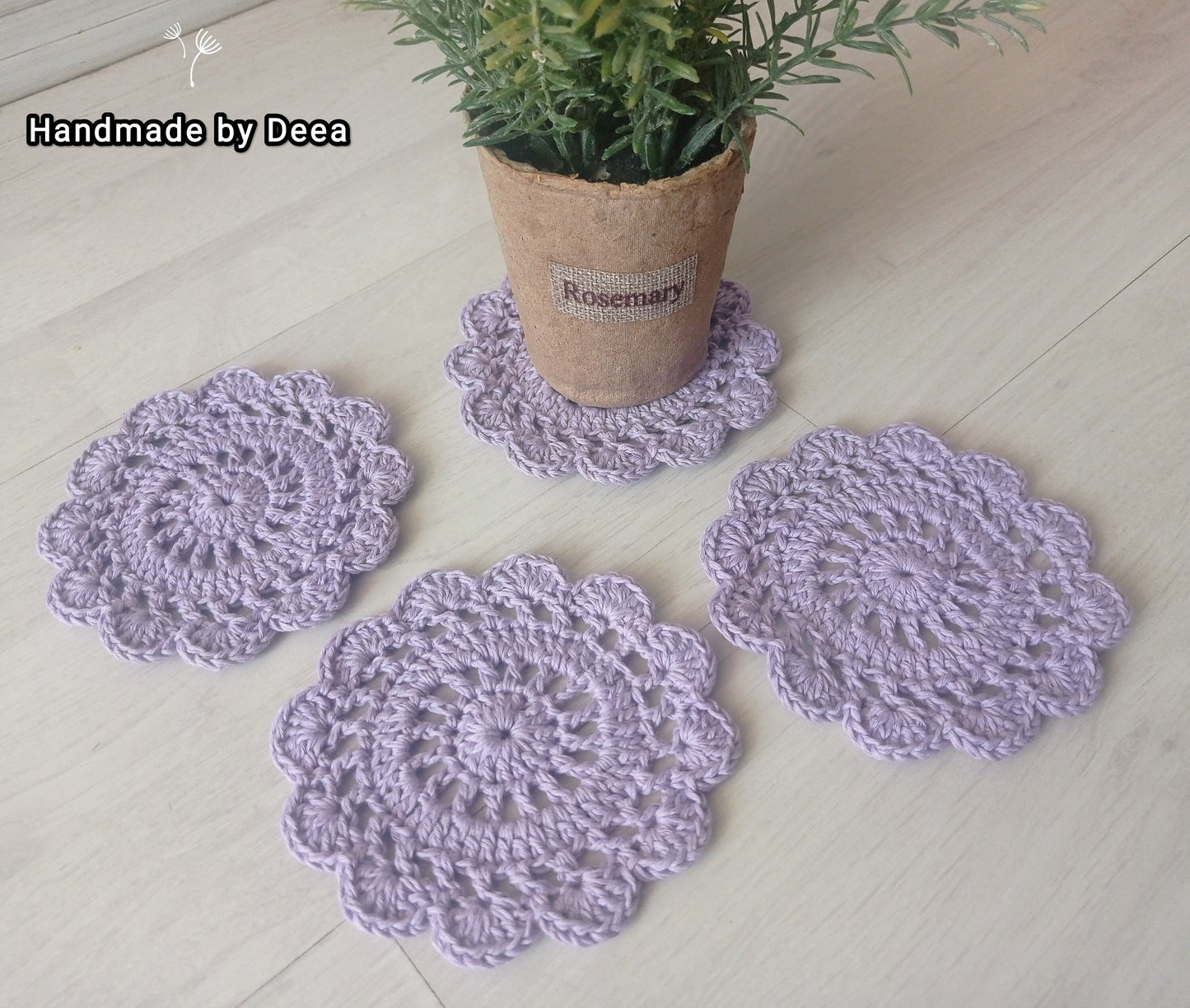 Suport pentru pahare crosetat din bumbac (coaster), lavanda, set de 4