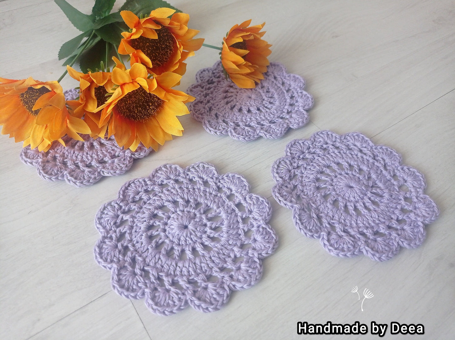 Suport pentru pahare crosetat din bumbac (coaster), lavanda, set de 4